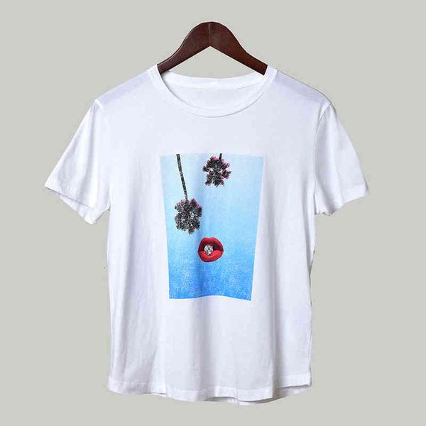women's t-shirt spring and summer simple style round neck plant red lip printing casual short sleeve t-shirt, White
women's t-shirt spring and summer simple style round neck plant red lip printing casual short sleeve t-shirt, White