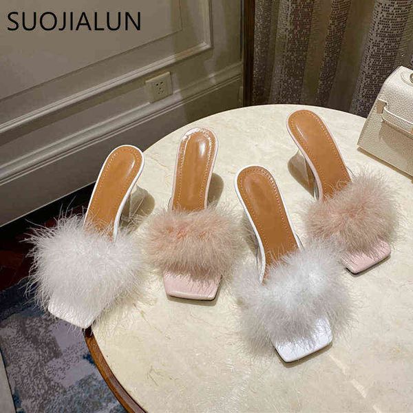 suojialun 2022 summer new fashion strange high crystal heels women slipper brand fur ladies elegant sandal shoes dress slides 220627, Black