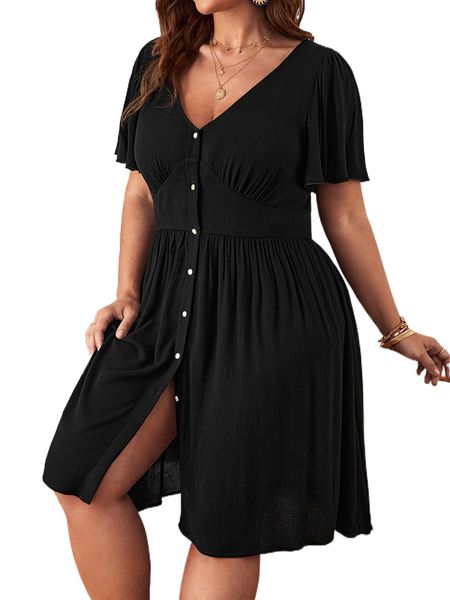 plus butterfly sleeve ruched dress r95r#, Black