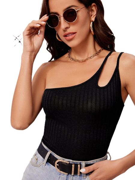 solid cut out rib knit one shoulder 27cg#, White 
solid cut out rib knit one shoulder 27cg#, White