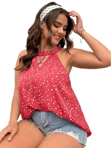 plus polka dot cut out crisscross halter m4pf#, Black 
plus polka dot cut out crisscross halter m4pf#, Black