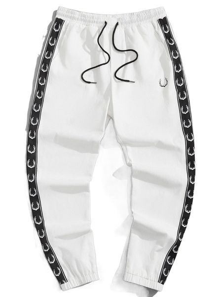 men contrast antler tape drawstring waist pants g82f#, Black