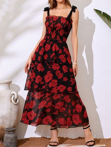 floral print shirred frill trim knot shoulder layered hem cami dress m7k8#, Black;gray
floral print shirred frill trim knot shoulder layered hem cami dress m7k8#, Black;gray