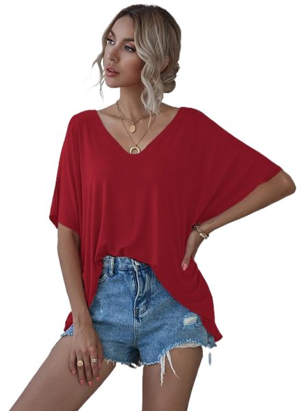 solid v-neck batwing sleeve tee u1kp#, White