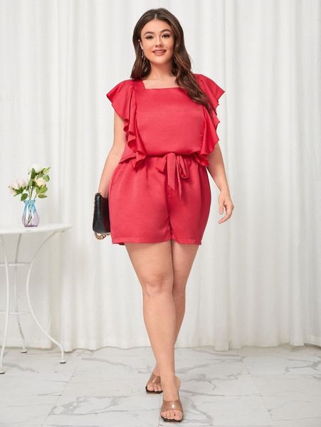 plus ruffle trim blouse & tie front shorts j9ka#, Black 
plus ruffle trim blouse & tie front shorts j9ka#, Black