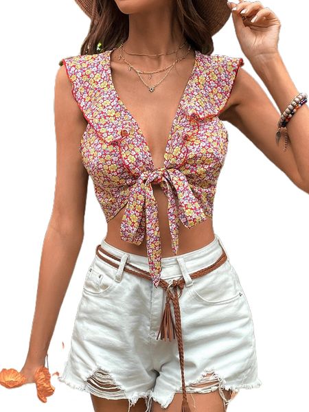 ditsy floral ruffle trim knot front blouse t2dp#, White