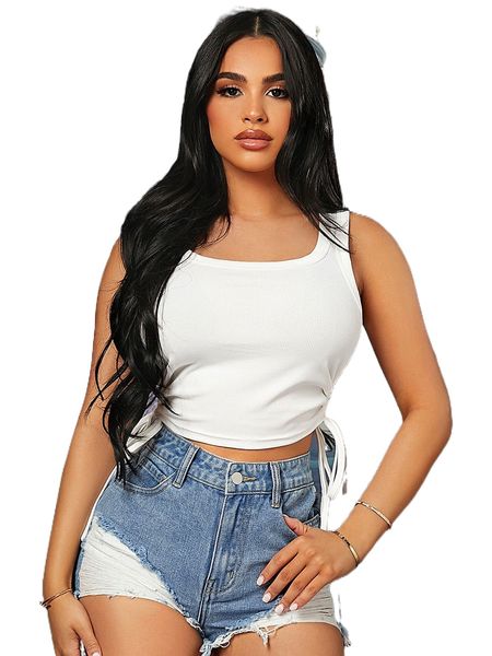 sxy drawstring side crop tank r4kp#, White