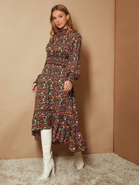 floral print shirred lantern sleeve frill trim ruffle high low hem dress 868u#, Black;gray
floral print shirred lantern sleeve frill trim ruffle high low hem dress 868u#, Black;gray
