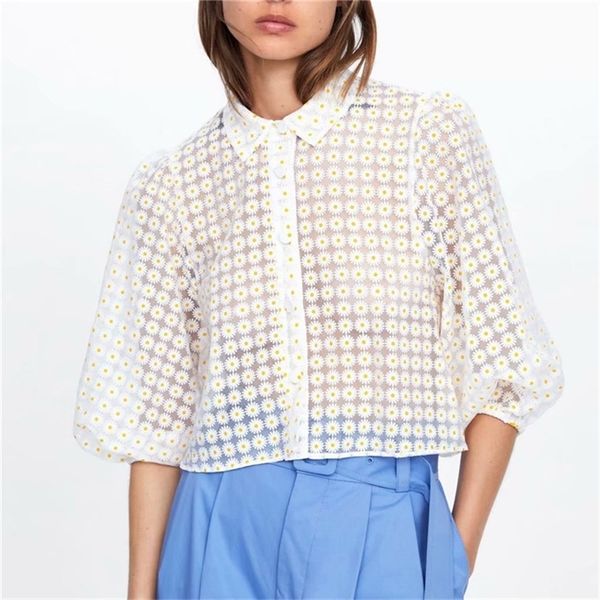 women sweet floral print crop three quarter puff sleeve turn down collar transparent female causal blouse 201201, White
women sweet floral print crop three quarter puff sleeve turn down collar transparent female causal blouse 201201, White
