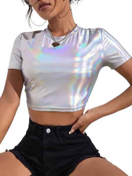 holographic round neck crop tee g4up#, White
holographic round neck crop tee g4up#, White