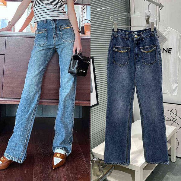 spring and summer front bag gold chain wide leg denim pants high waist thin legs long straight women's style, Blue
spring and summer front bag gold chain wide leg denim pants high waist thin legs long straight women's style, Blue