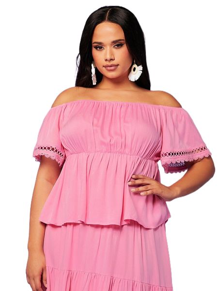 plus off shoulder guipure lace sleeve peplum t27m#, Black 
plus off shoulder guipure lace sleeve peplum t27m#, Black