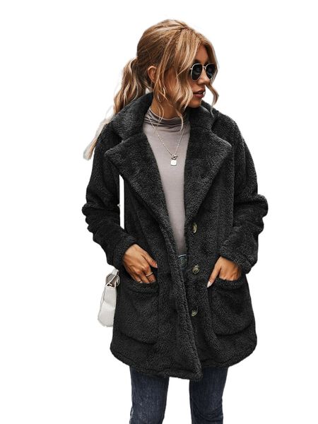button front double pocket teddy coat r9zo#, Black