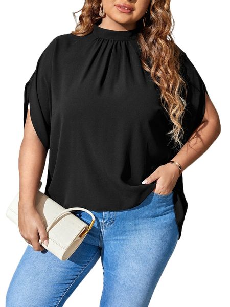 plus mock neck tie back dolman sleeve blouse 27sq#, Black