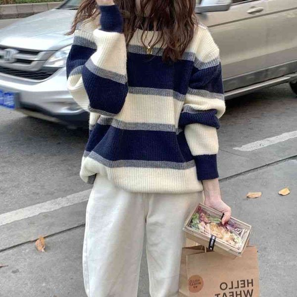 women's polos korean loose contrast striped pullover sweater for women in autumn and winter lazy style outer sweater thick 18om, White
women's polos korean loose contrast striped pullover sweater for women in autumn and winter lazy style outer sweater thick 18om, White