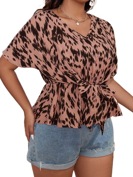 plus allover print knot front blouse 13o2#, Black 
plus allover print knot front blouse 13o2#, Black