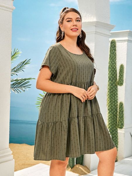 plus striped ruffle hem dress 78gq#, Black