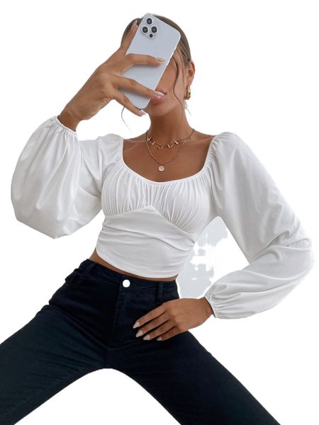 sweetheart neck lantern sleeve crop p0zm#, White