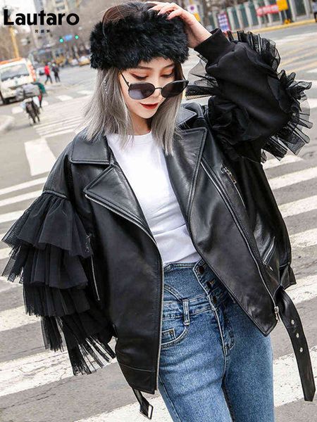 lautaro autumn short black oversized lace patchwork leather biker jacket long sleeve loose womans clothing fashionable outerwear l220728
lautaro autumn short black oversized lace patchwork leather biker jacket long sleeve loose womans clothing fashionable outerwear l220728
