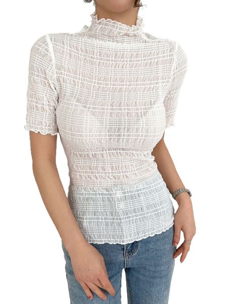 dazy mock neck shirred lettuce trim without bra y5cp#, White