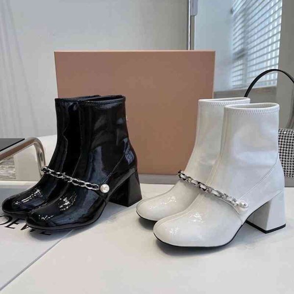 boots women boots mary jane short pearl thick heel bare patent leather high thin stretch, Black