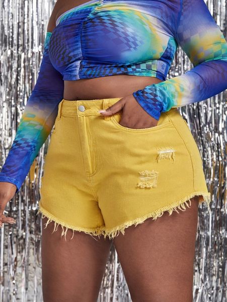 sxy plus ripped raw hem denim shorts w21t#, White;black
sxy plus ripped raw hem denim shorts w21t#, White;black