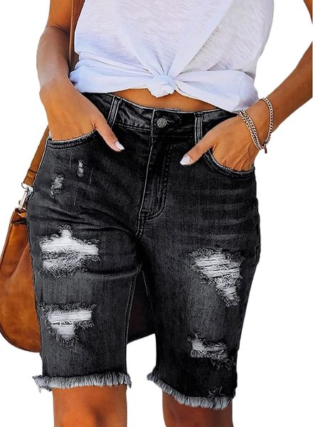 women mid rise denim ripped bermuda shorts distressed knee length short jeans q1vm#, White;black
women mid rise denim ripped bermuda shorts distressed knee length short jeans q1vm#, White;black