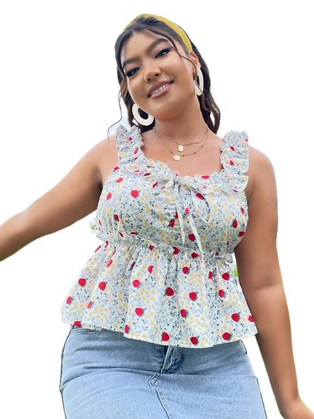 plus ditsy floral & strawberry print frilled tie front cami r7tk#, Black
plus ditsy floral & strawberry print frilled tie front cami r7tk#, Black