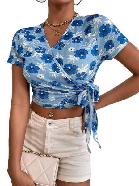 floral print knot side tee v74s#, White