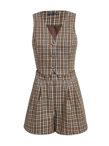 plaid print vest blazer & fold pleated shorts z1ul#, White
