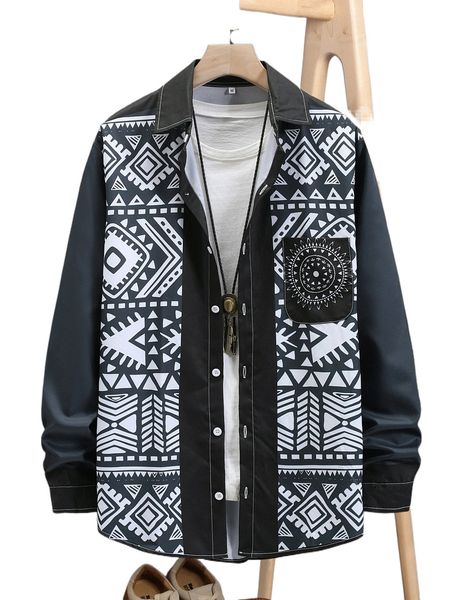 men 1pc geo print pocket patched shirt o70v#, White;black