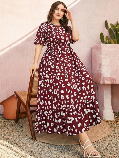 plus leopard print ruffle hem dress x3s2#, Black
plus leopard print ruffle hem dress x3s2#, Black