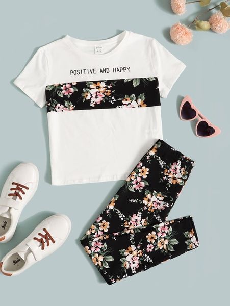 sheen girls slogan and floral pattern and leggings she, White