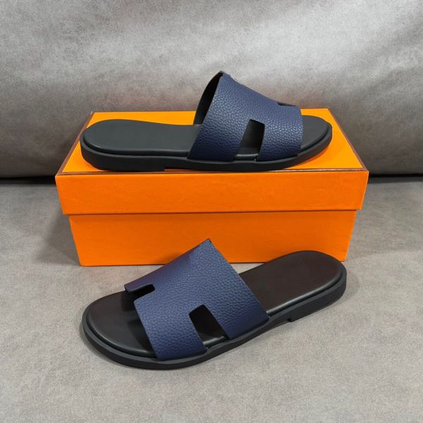 

summer famous izmir sandals shoes men slip on slippers grain calfskin leather gentleman beach slides soft comfort lazy walking eu38-46, Black