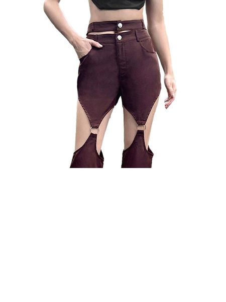 high waist cut out o-ring detail pants 81wv#, Black;white