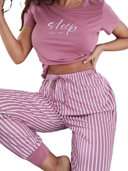 eyelash & letter graphic tee & striped pants pj set c1zh#, Black;red
