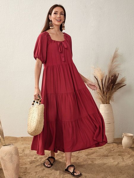 tie front puff sleeve ruffle hem dress a12v#, Black;gray 
tie front puff sleeve ruffle hem dress a12v#, Black;gray