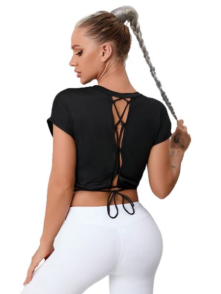 lace up back batwing sleeve crop sports tee z7bg#, Gray