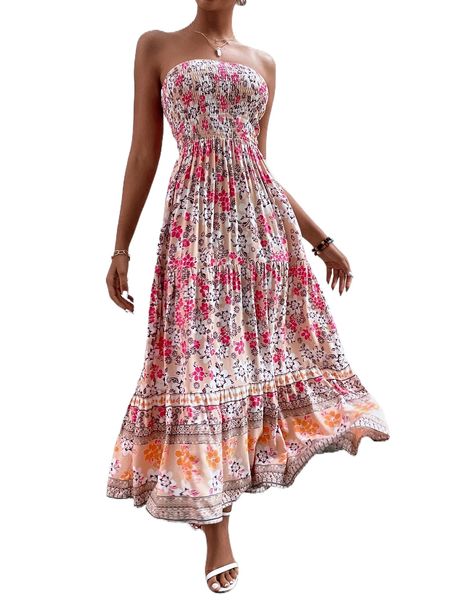 floral print shirred bodice ruffle hem dress e1me#, Black;gray
floral print shirred bodice ruffle hem dress e1me#, Black;gray