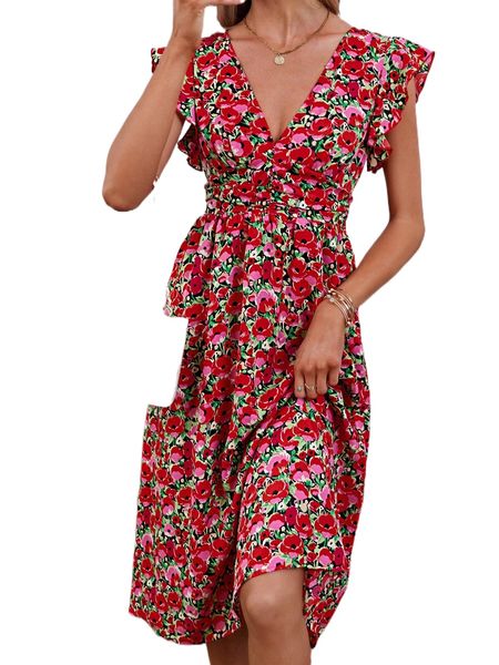 allover floral print ruffle trim dress d7ob#, Black;gray 
allover floral print ruffle trim dress d7ob#, Black;gray