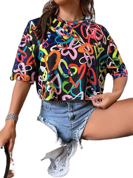 drop shoulder allover heart tee w2d6#, White
