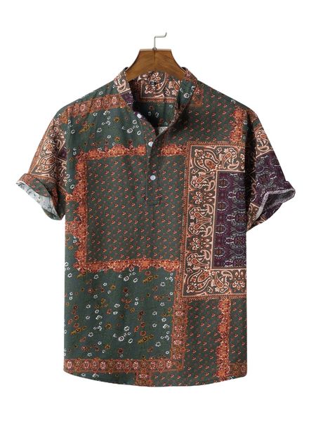 men random floral & paisley print half button shirt v8tg#, White;black 
men random floral & paisley print half button shirt v8tg#, White;black