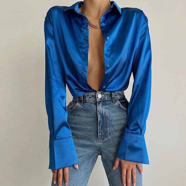 women satin shirts solid long sleeve blouses vintage casual loose button up clothes, White
women satin shirts solid long sleeve blouses vintage casual loose button up clothes, White