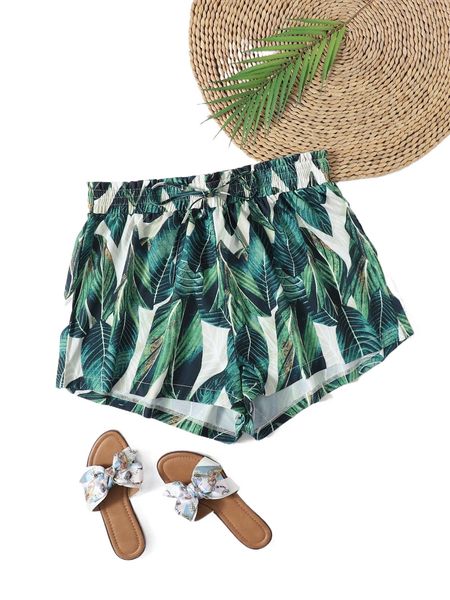 plus leaf print paper bag waist knot front shorts q8vt#, Black