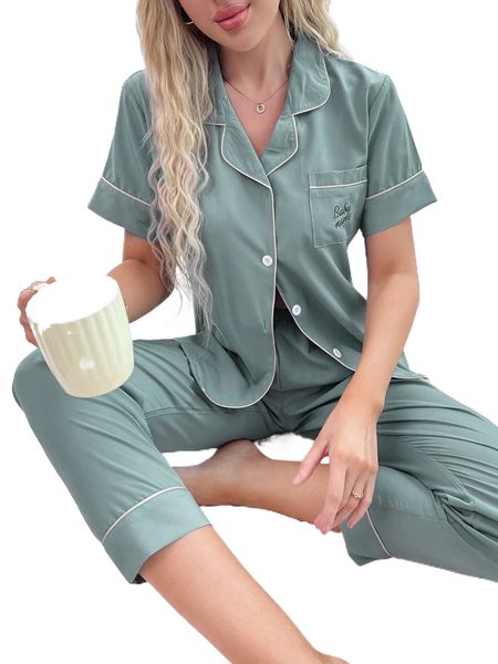 letter embroidery contrast piping blouse & pants pj set 620g#, Black;red 
letter embroidery contrast piping blouse & pants pj set 620g#, Black;red