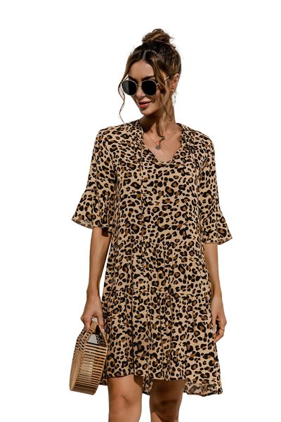 2022 summer floral women party dress stitching mini casual short sleeve v-neck flared sleeves female holiday leopard print dress, Black
2022 summer floral women party dress stitching mini casual short sleeve v-neck flared sleeves female holiday leopard print dress, Black