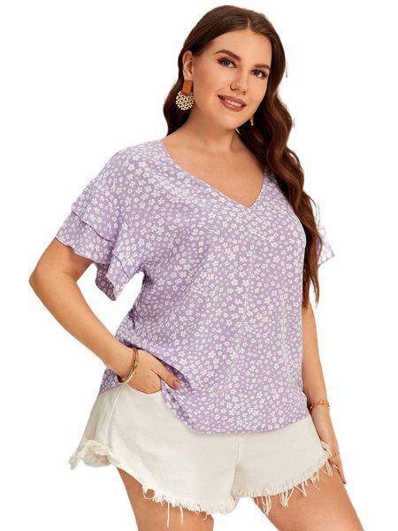 plus ditsy floral print flounce sleeve blouse n2dq#, Black
