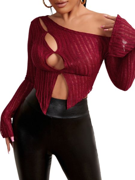 asymmetrical neck cut out split cuff y12x#, White 
asymmetrical neck cut out split cuff y12x#, White