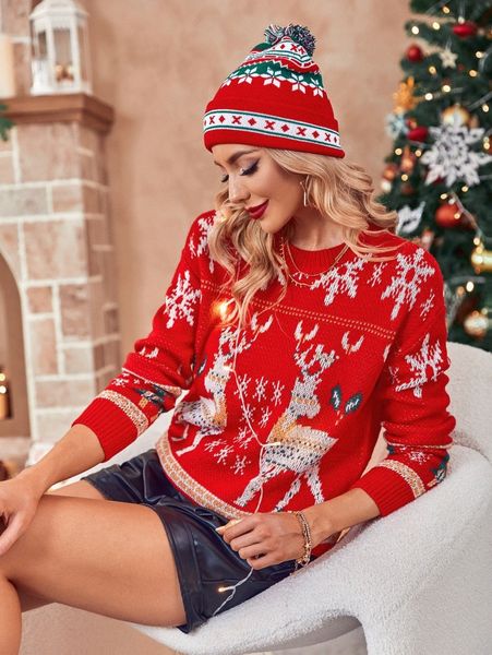 christmas pattern drop shoulder sweater j884#, White;black