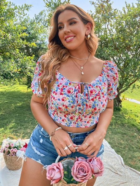 plus floral print shirred back puff sleeve knot front crop blouse p1vf#, Black